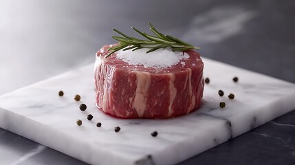 Raw Beef Steak Garnished with Rosemary and Salt on Marble Slab