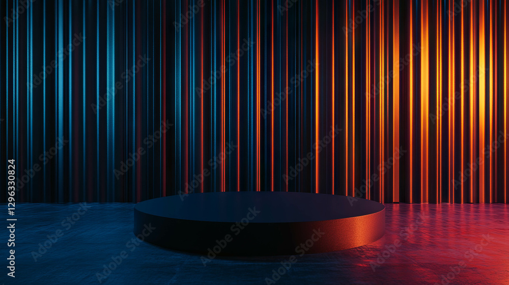Poster minimalist podium with dramatic lighting in architectural setting for modern design