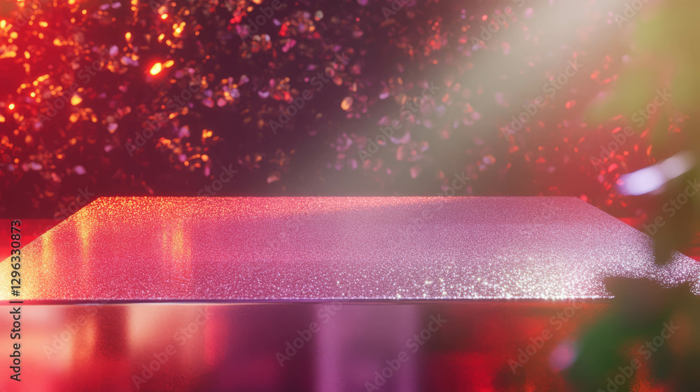 Poster illuminated mirrored podium with vibrant bokeh lights for event display