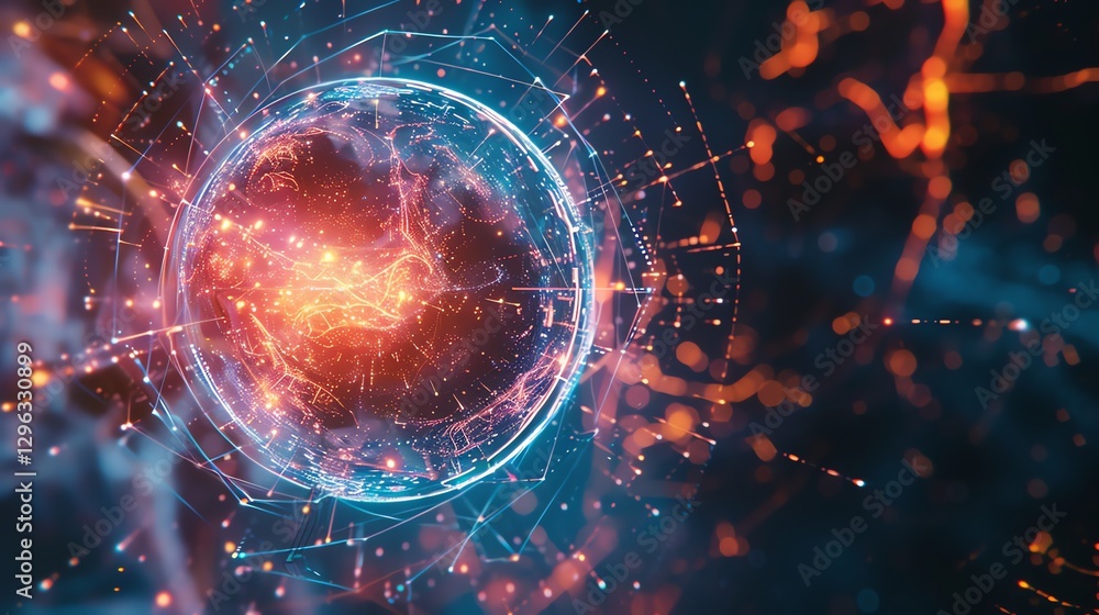Poster abstract digital globe with glowing lines and particles.
