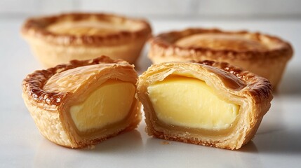 High-resolution photography of freshly baked Dan Tats (Hong Kong-style egg tarts) with a golden, flaky crust and smooth, glossy custard filling