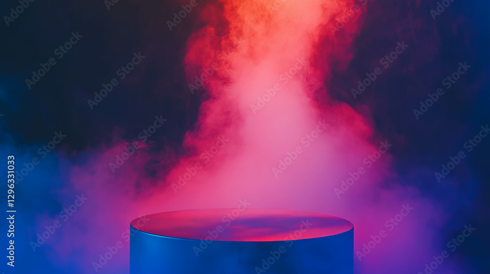 Poster dramatic podium with vibrant smoke effect and illuminated lighting for event design