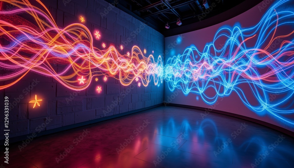 Poster dynamic holographic art projecting patterns on textured wall, creativity