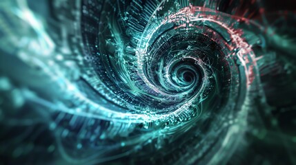 An abstract image of a swirling digital vortex in teal and blue hues.
