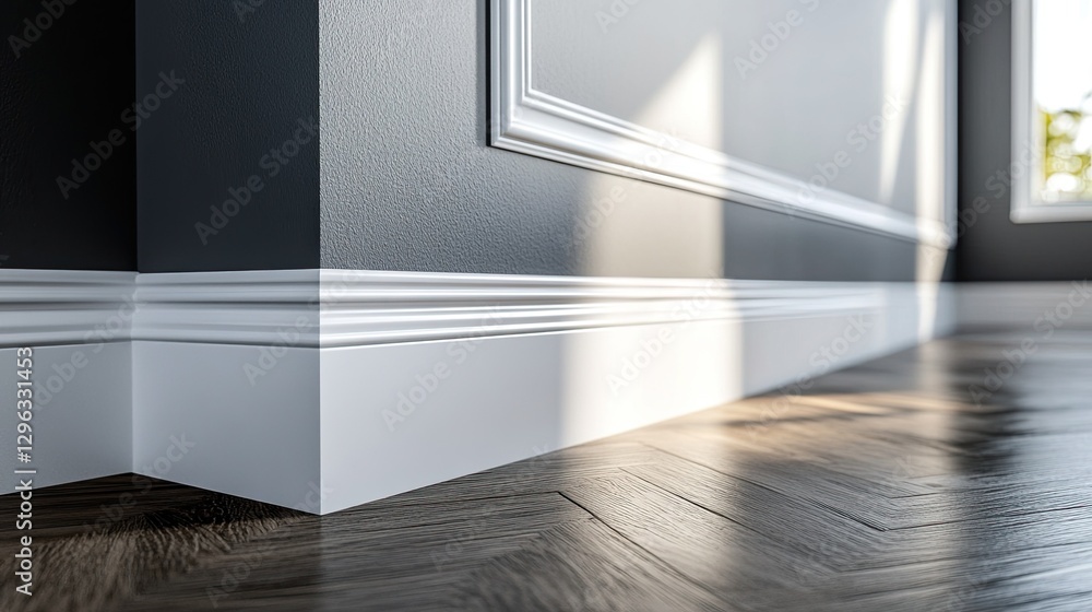 Poster close-up of a decorative white baseboard in an empty room with room for text.