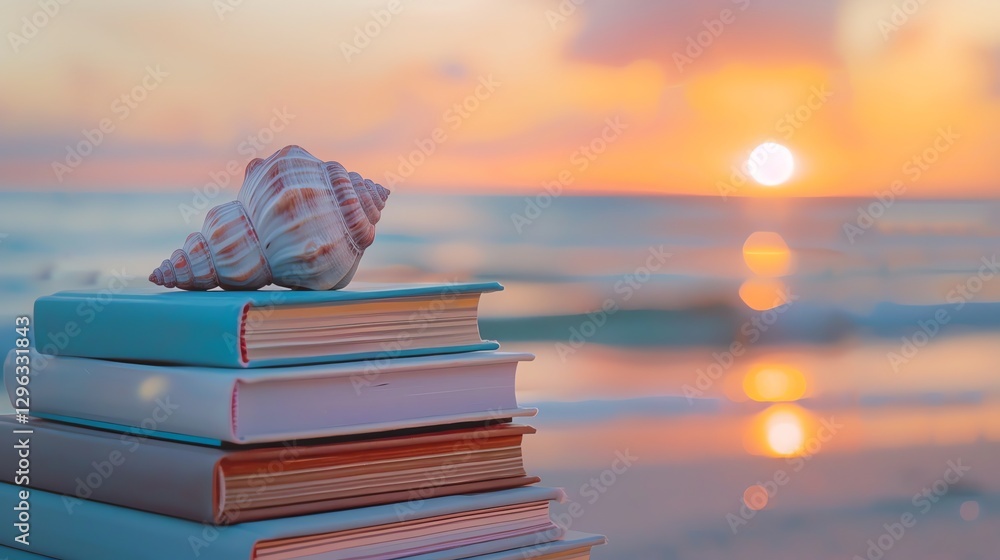 Aufkleber a seashell sits atop a stack of books on a beach with a colorful sunset and ocean in the background.