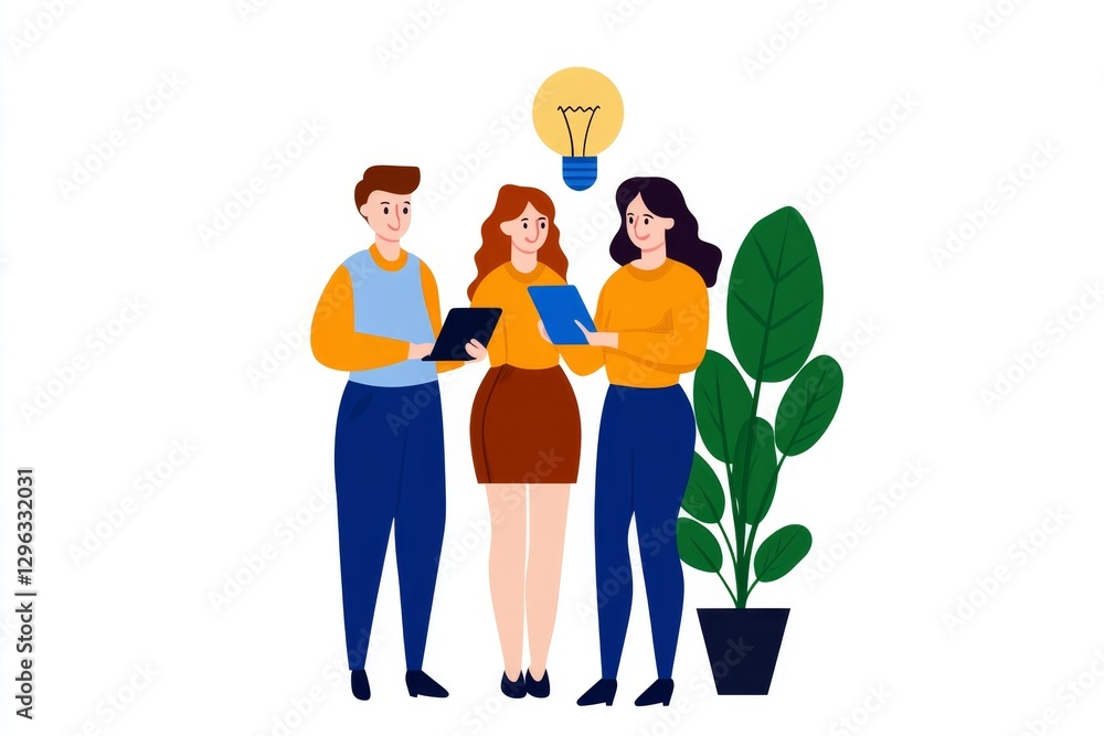 Poster a 2d cartoon illustration of a group of developers working on a new app, collaborative and tech-focu