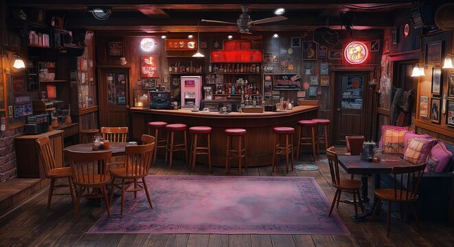 Maximalist Vintage Pub Interior with Neon Signs and Rustic Decor