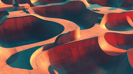Geometric layout of an urban skate park with strong shadows and a warm sunset hue, ultra-realistic cinematic shot