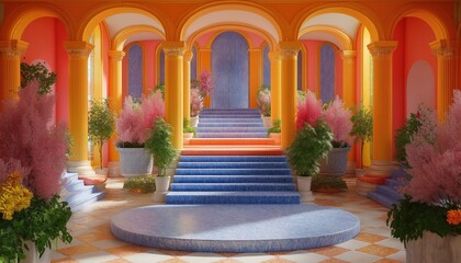 Fototapeta premium Maximalist Interior with Vibrant Colors, Arches, and Grand Staircase