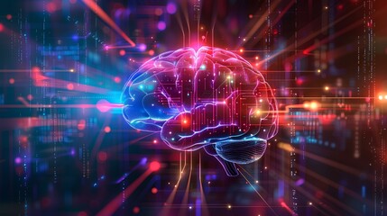 Obraz premium Fusion of a brain image with digital circuits and glowing lines, symbolizing artificial intelligence and human intelligence