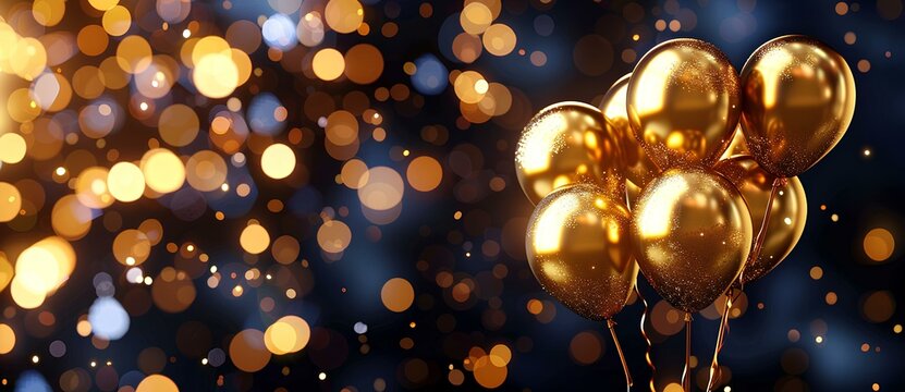 Gold balloons on a dark background with glitter and bokeh lights. Happy birthday, New Year or other celebration event banner design in the style  of various artists - Powered by Adobe