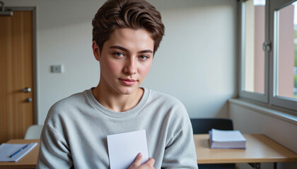 Young female student holding answers closely in a bright classroom, reflecting on exam pressures