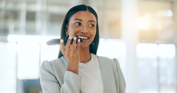 Phone call, speaker and business woman in office for voice note, sound or communication with audio. Indian, employee or chat to microphone for speech recording for easy contact to client in workplace