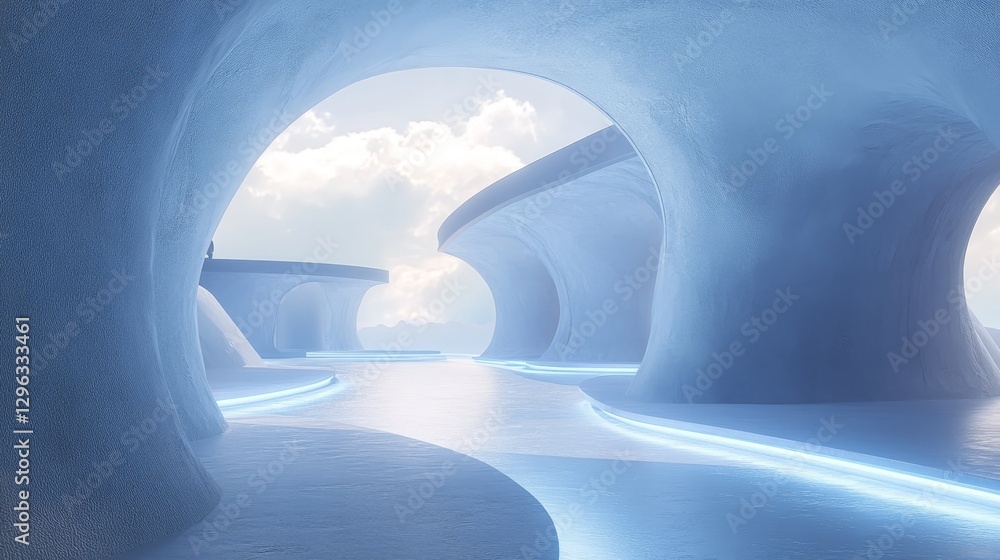 Poster architectural futuristic render depicting open spaces with cloudy skies