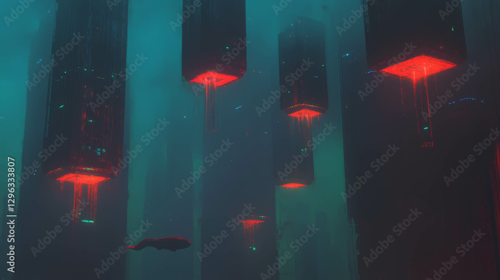 Poster surreal underwater city with glowing structures and mystical atmosphere