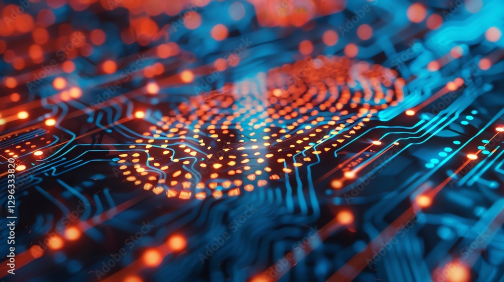 Poster a digital rendering of a circuit board with an orange fingerprint in the center.