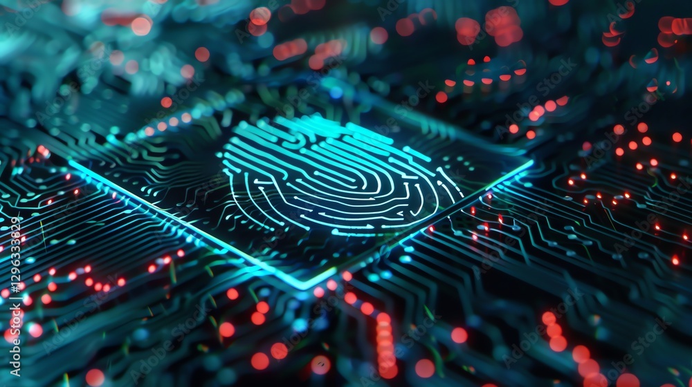 Canvas Prints a glowing fingerprint icon on a circuit board with red and blue lights.