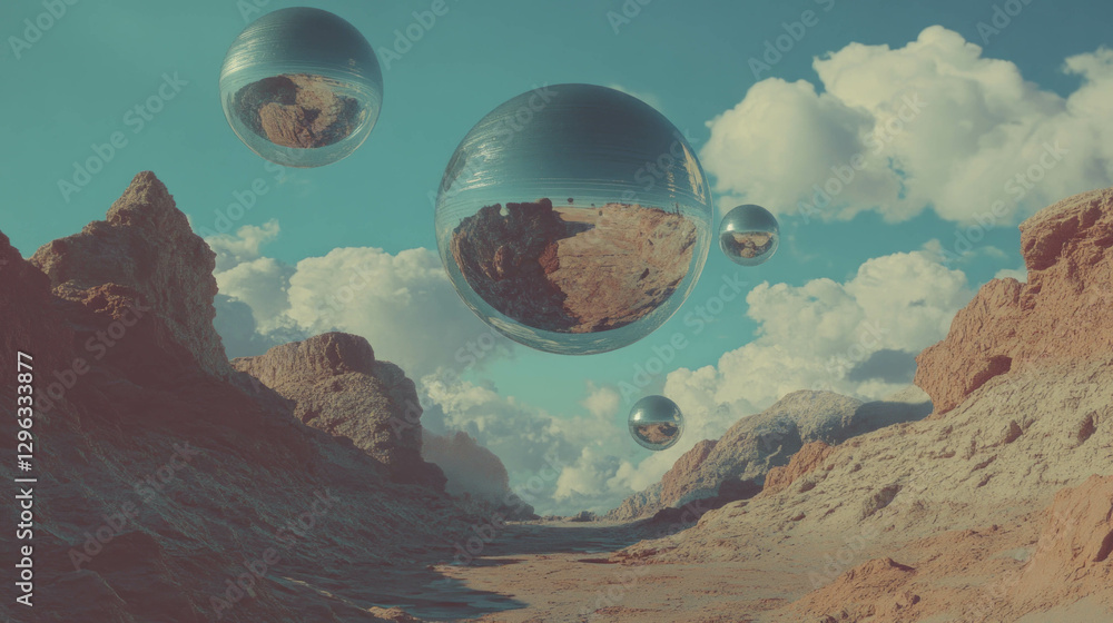 Poster surreal landscape with floating spheres and clouds in rocky terrain