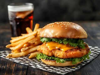 Chicken cutlet burger with cheese and fries on a checkered paper napkin, a glass of soda in the background, on a dark wooden table, Generative AI