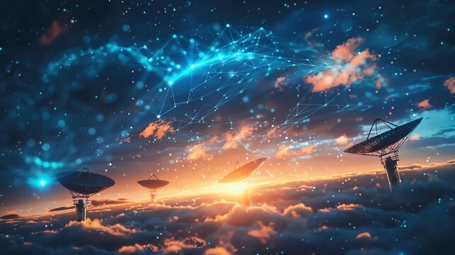 Satellite dishes stand on a hillside with clouds and a starry sky above, connected by lines of light.