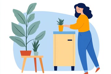 a 2D cartoon illustration of a person cleaning the refrigerator, tidy and organized, white background