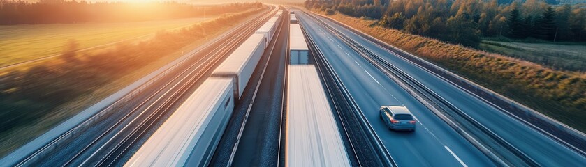 Aerial view of a modern highway with cars and trains traveling during sunset, surrounded by lush greenery and vibrant skies. Environment and eco drive concept.