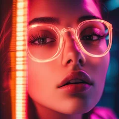 Close-up portrait of a young woman wearing clear glasses, illuminated by vibrant neon lights. © Sergey