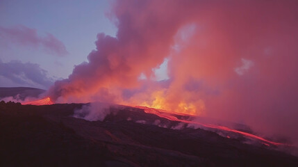 Fototapeta premium Majestic volcanic landscape with flowing lava and plumes at sunset