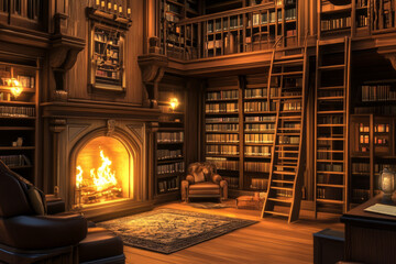 A classic library-style 3D background room filled with towering bookshelves, a rolling ladder, and a cozy fireplace. The rich wooden tones and warm lighting create an intellectual and inviting