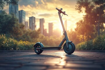 Green transport: an electric scooter against the background of a modern city.