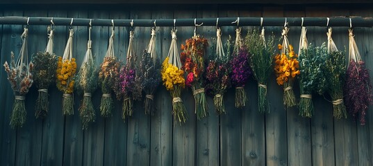 Fototapeta premium _Dried_flowers_and_herbs in the wall.