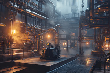 A dystopian industrial factory 3D background featuring a massive metal podium surrounded by steaming pipes and rusted machinery. The dim lighting casts eerie shadows, while sparks fly from robotic