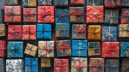 A colorful collection of wrapped presents, tied with ribbon.