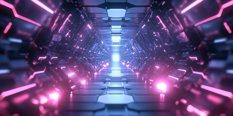 A futuristic 3D abstract background showcasing an infinite tunnel of glowing hexagons, seamlessly extending into a neon-lit cybernetic void. The digital depth and reflections create a high-tech