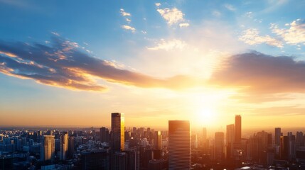 Fototapeta premium Cityscape Sunset Panorama - Stunning panoramic view of a city skyline at sunset, with vibrant colors and a dramatic sky