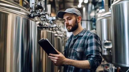 A high-tech microbrewery with stainless steel fermentation tanks and