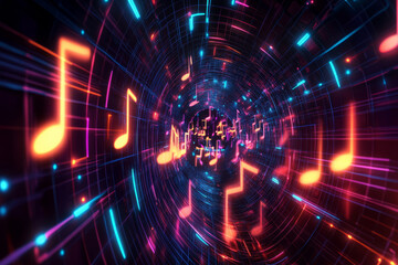 Obraz premium A futuristic 3D music background featuring a tunnel of glowing musical notes flowing through a cybernetic landscape. The neon pulses synchronize with the rhythm, forming an abstract, high-tech