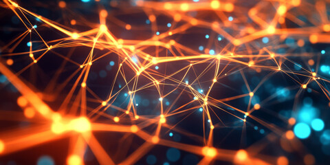 Fototapeta premium A futuristic 3D abstract background featuring an intricate web of glowing energy lines forming a complex neon network. The seamless reflections, smooth gradients, and pulsating cybernetic light