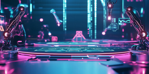 A futuristic AI-themed 3D background featuring a podium embedded with interactive digital interfaces. The glowing circuits, robotic arms, and holographic projections create a cutting-edge and