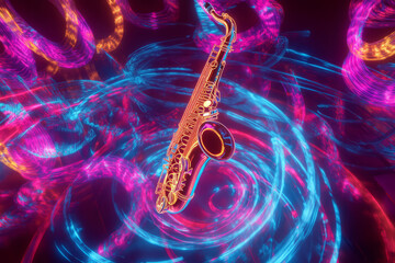 Obraz premium A futuristic 3D music background featuring a levitating, holographic saxophone surrounded by swirling neon sound waves. Each note creates a ripple of vibrant energy, forming mesmerizing patterns in an