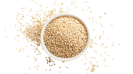 Sesame seeds falling into white bowl on transparent background