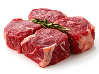 A raw beef steak cut into four pieces on a white background, food photography, close-up, front view, with soft lighting and high detail, Generative AI