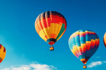 Naklejka premium Colorful Hot Air Balloons Soaring High - Colorful hot air balloons float against a vibrant blue sky, symbolizing adventure, freedom, travel, joy, and aspiration