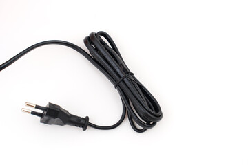 Black power cable with plug and socket isolated on white background. 