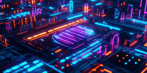 Fototapeta premium A cybernetic 3D music background showcasing a floating neon soundboard with holographic controls. The dynamic, pulsating sound waves ripple outward, creating an immersive representation of futuristic