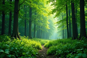 Obraz premium Dense foliage green canopy forest layer trees, woodland, scenery, summer