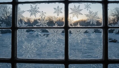 Stunning winter sunrise view through a frosty windowpane showcasing intricate ice crystals patterns