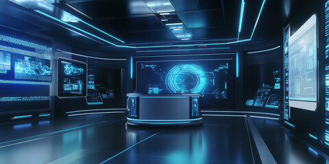 Obraz premium A futuristic lab-themed 3D background featuring a podium embedded with holographic projections and interactive digital panels. The clean, sterile environment, combined with advanced technological