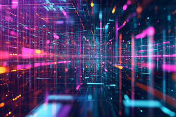 Obraz premium A high-tech 3D abstract background with layers of translucent, holographic panels arranged in a complex digital mosaic. The vibrant neon outlines, dynamic reflections, and intricate network of